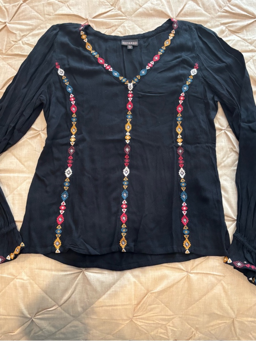 Shyanne Black Long-Sleeve Embroidered V-Neck Blouse